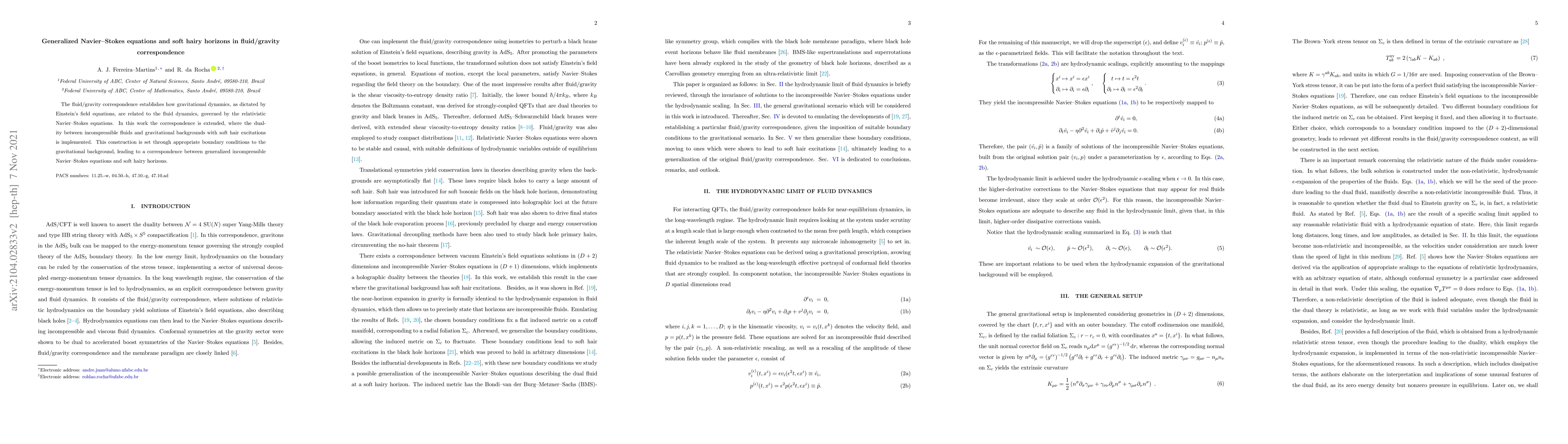 Thumbnail for Generalized Navier-Stokes equations and soft hairy horizons in
  fluid/gravity correspondence