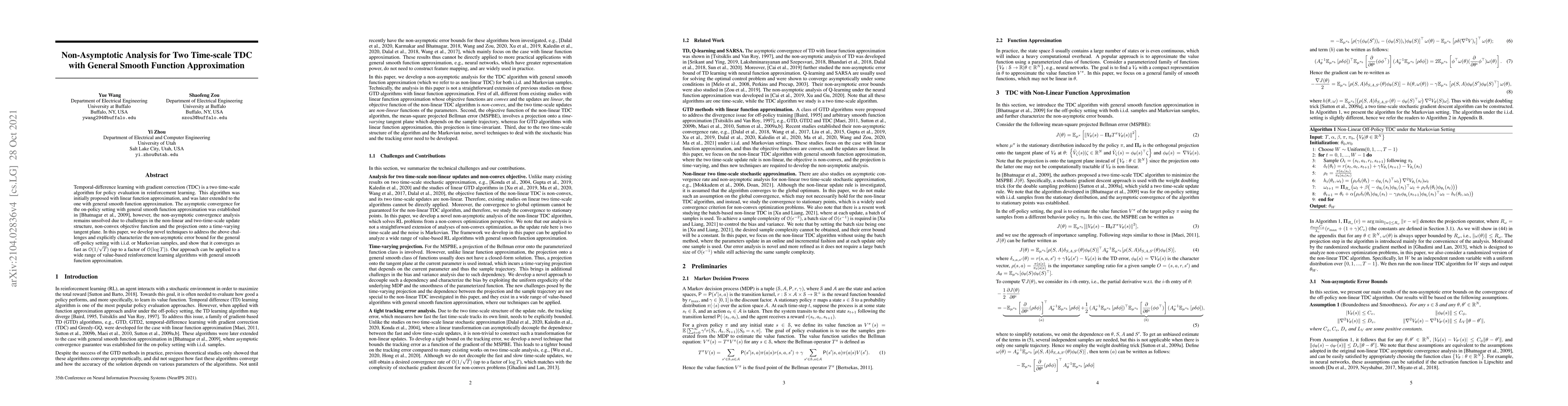 Thumbnail for Non-Asymptotic Analysis for Two Time-scale TDC with General Smooth
  Function Approximation