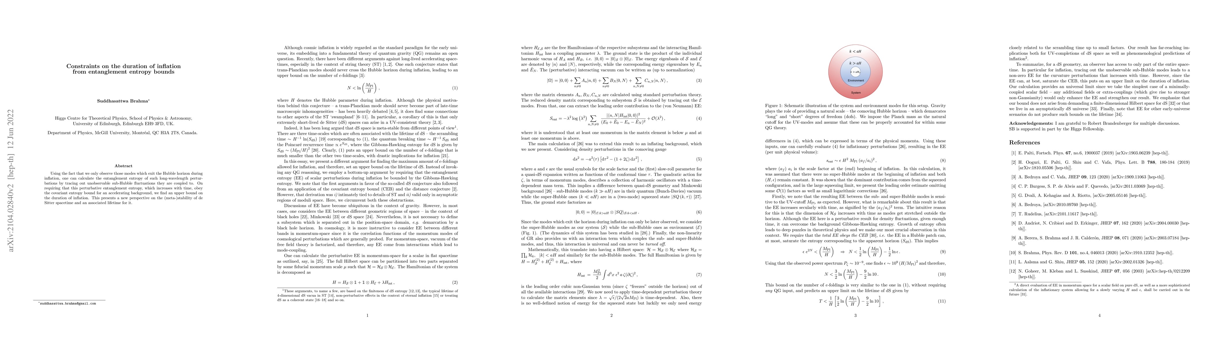 Thumbnail for Constraints on the duration of inflation from entanglement entropy
  bounds