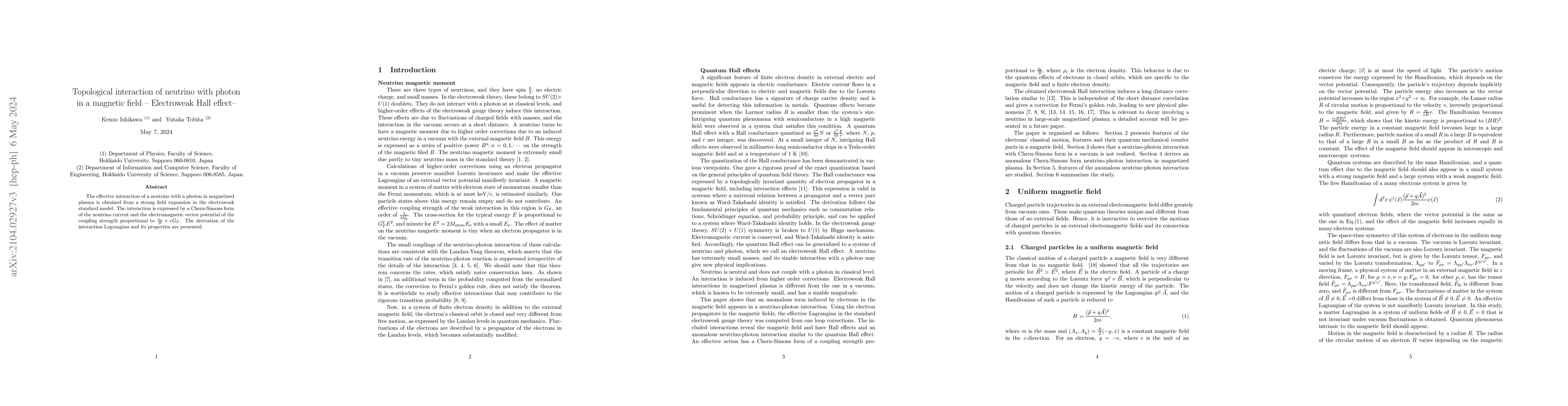 Thumbnail for Topological interaction of neutrino with photon in the magnetic field --
  Electroweak Hall effect