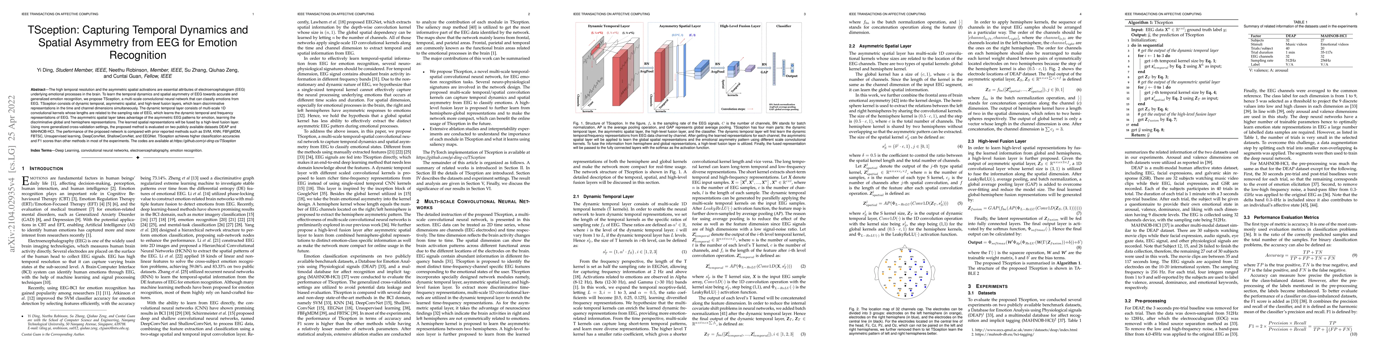 Thumbnail for TSception: Capturing Temporal Dynamics and Spatial Asymmetry from EEG
  for Emotion Recognition