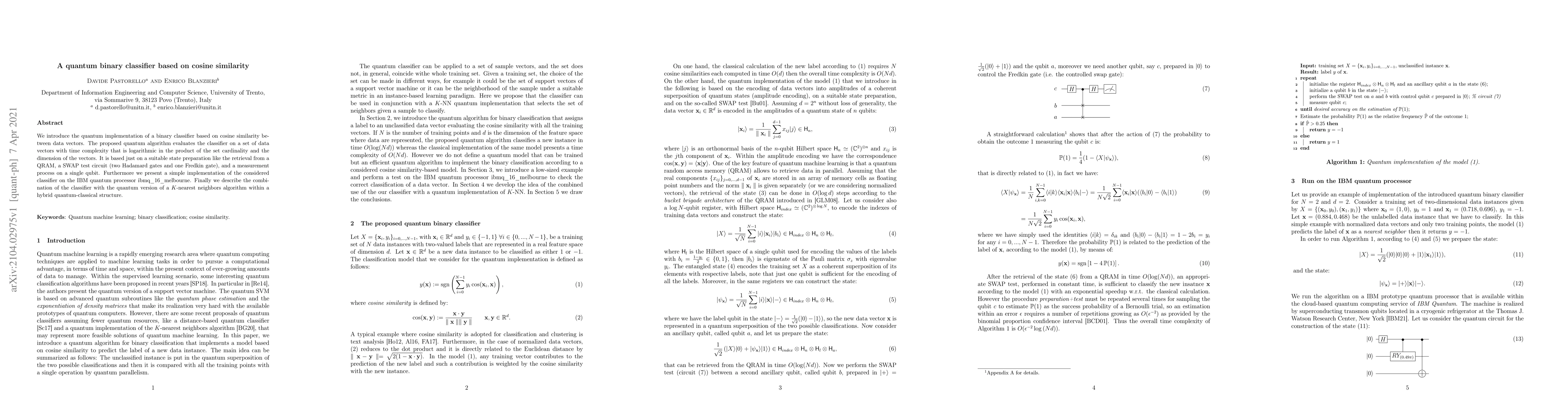 Thumbnail for A quantum binary classifier based on cosine similarity