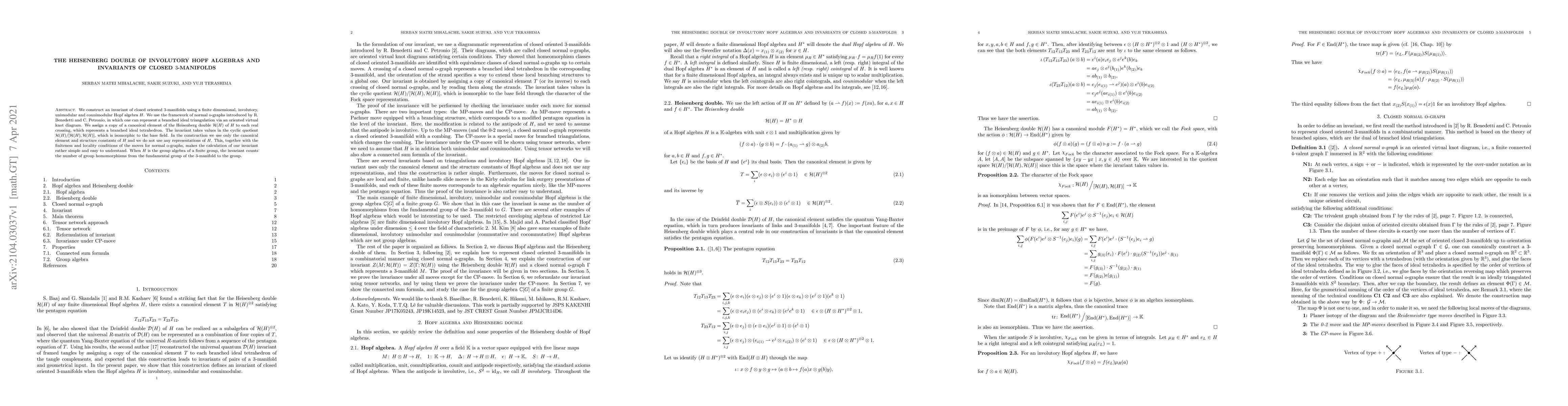 Thumbnail for The Heisenberg double of involutory Hopf algebras and invariants of
  closed $3$-manifolds
