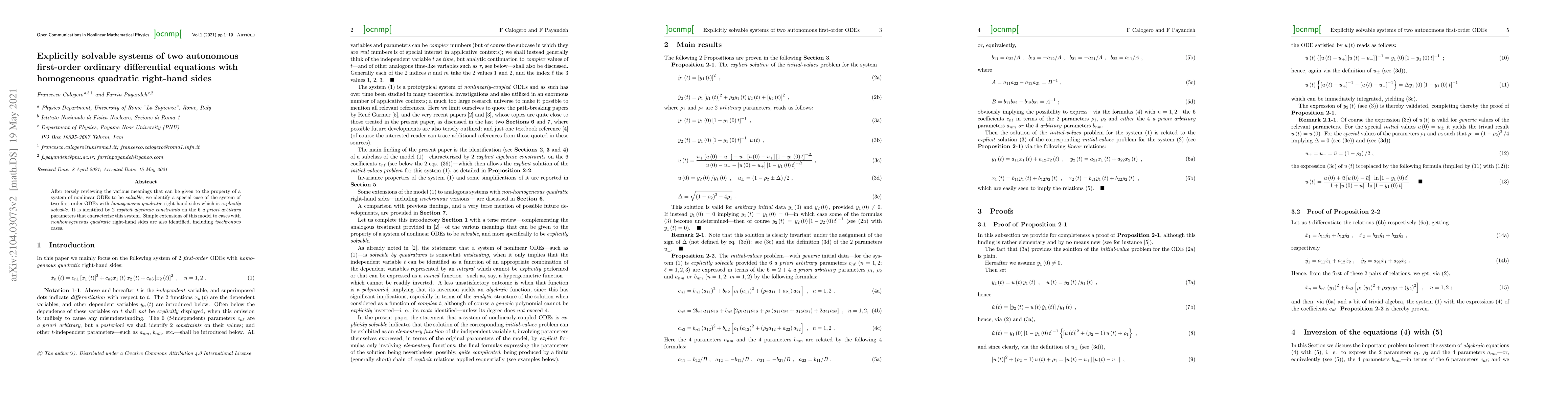 Thumbnail for Explicitly solvable systems of two autonomous first-order Ordinary
  Differential Equations with homogeneous quadratic right-hand sides