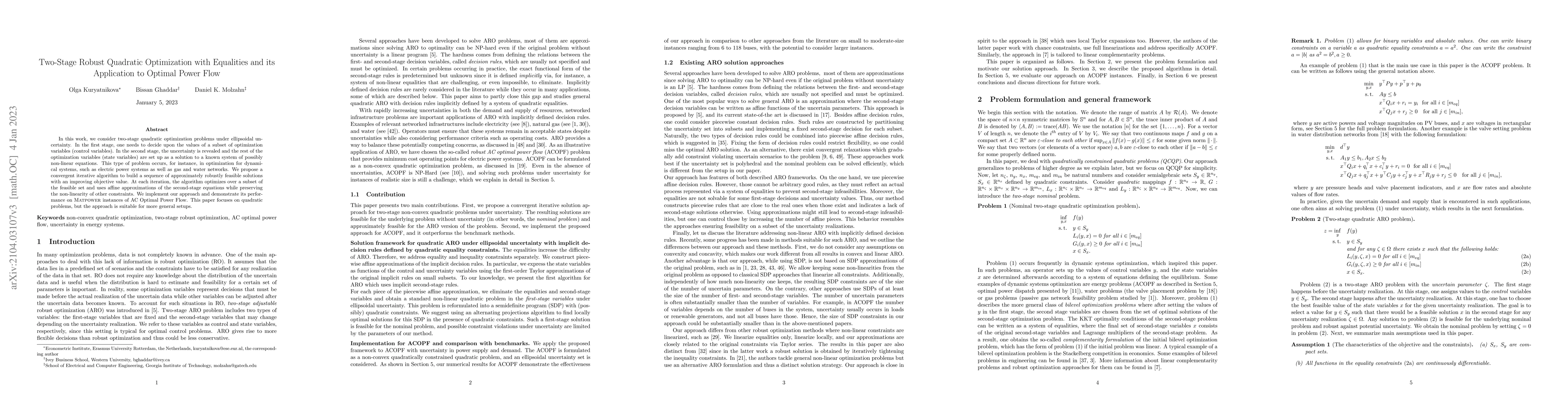 Thumbnail for Two-Stage Robust Quadratic Optimization with Equalities and its
  Application to Optimal Power Flow