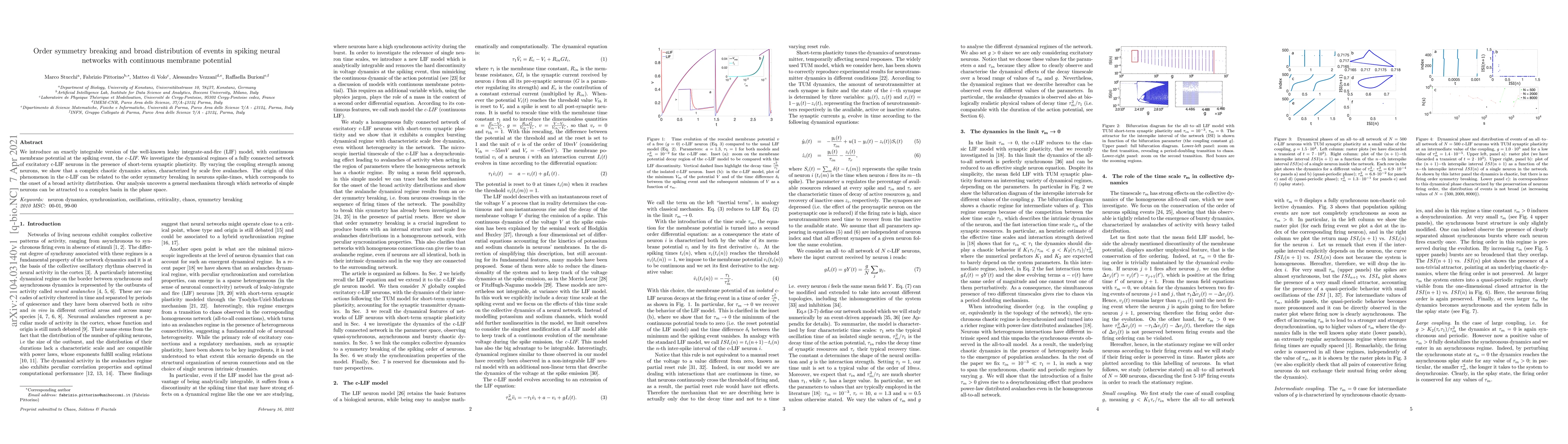 Thumbnail for Order symmetry breaking and broad distribution of events in spiking
  neural networks with continuous membrane potential