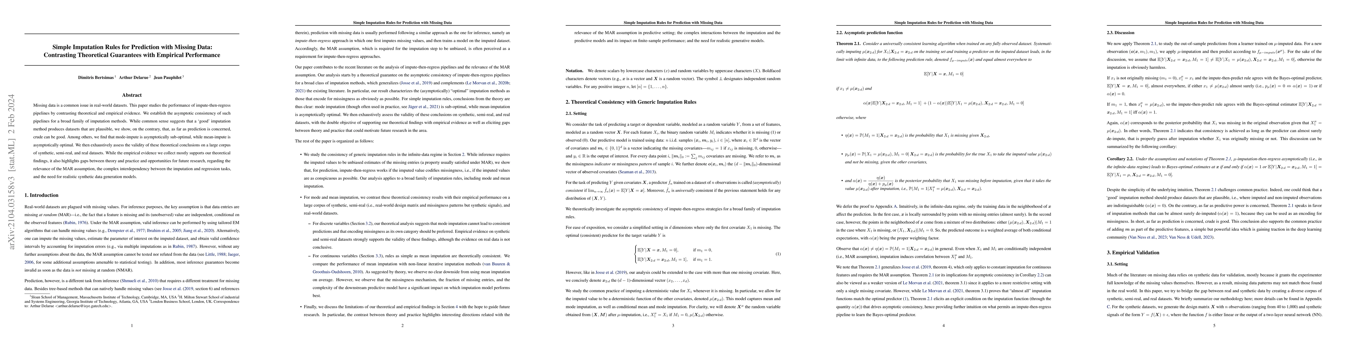 Thumbnail for Simple Imputation Rules for Prediction with Missing Data: Contrasting
  Theoretical Guarantees with Empirical Performance