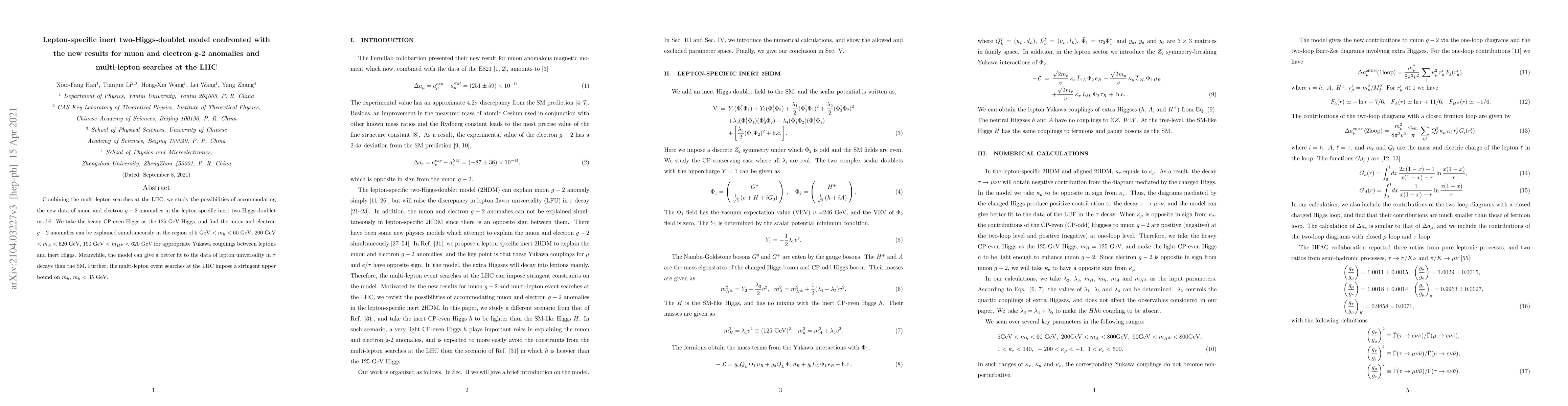 Thumbnail for Lepton-specific inert two-Higgs-doublet model confronted with the new
  results for muon and electron g-2 anomalies and multi-lepton searches at the
  LHC