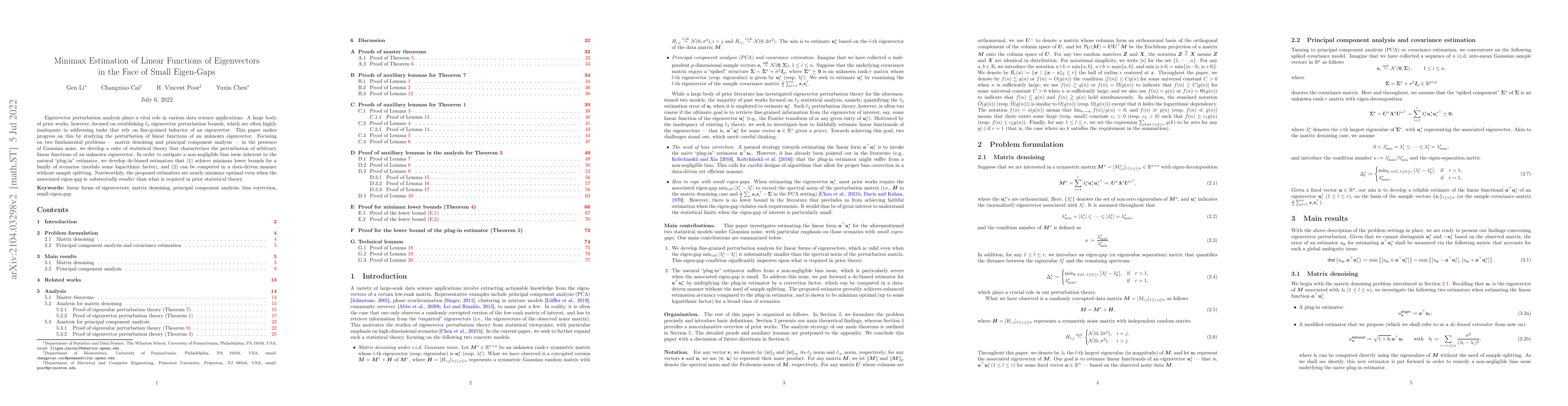 Thumbnail for Minimax Estimation of Linear Functions of Eigenvectors in the Face of
  Small Eigen-Gaps