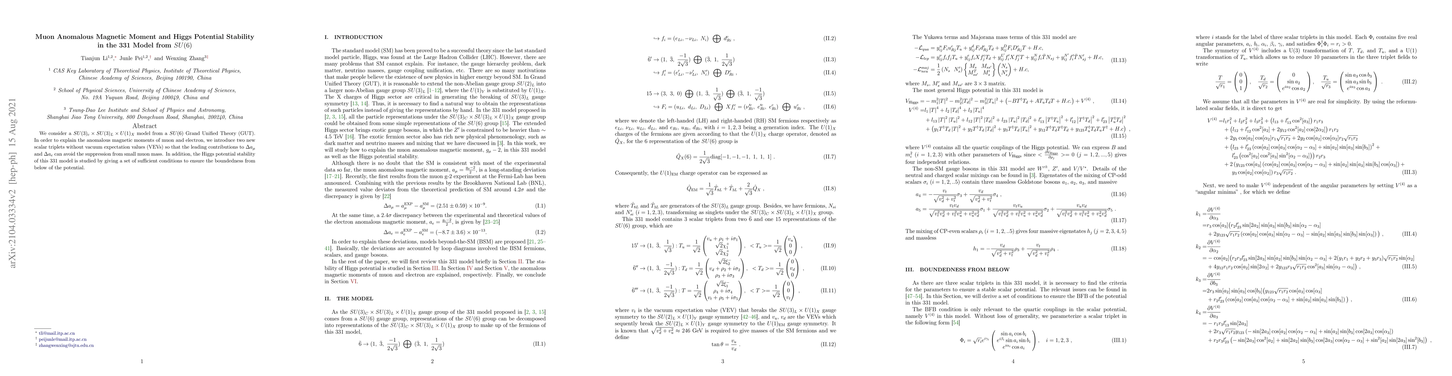 Thumbnail for Muon Anomalous Magnetic Moment and Higgs Potential Stability in the 331
  Model from $SU(6)$