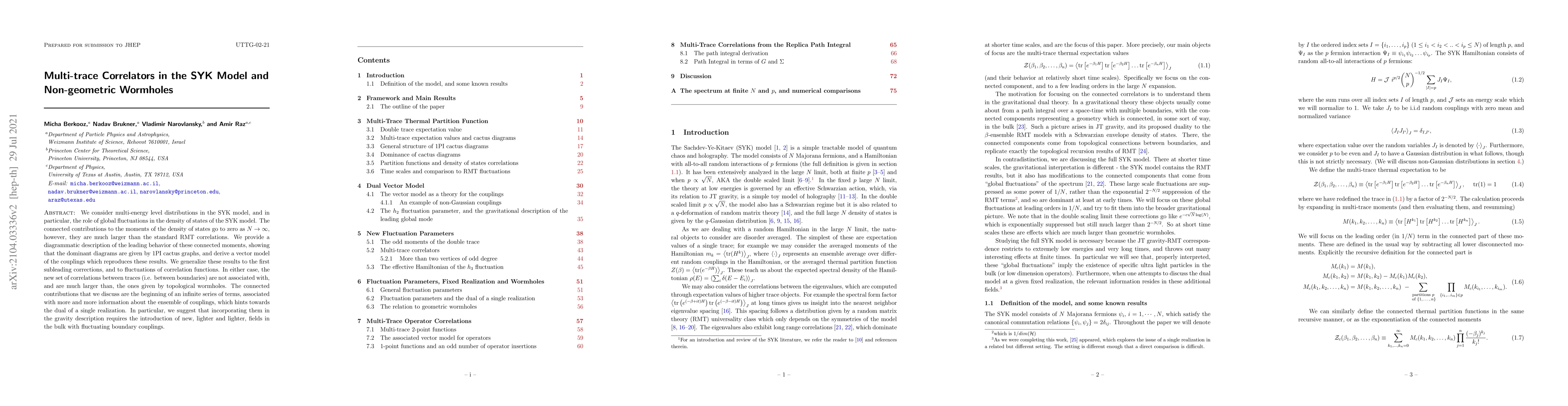 Thumbnail for Multi-trace Correlators in the SYK Model and Non-geometric Wormholes