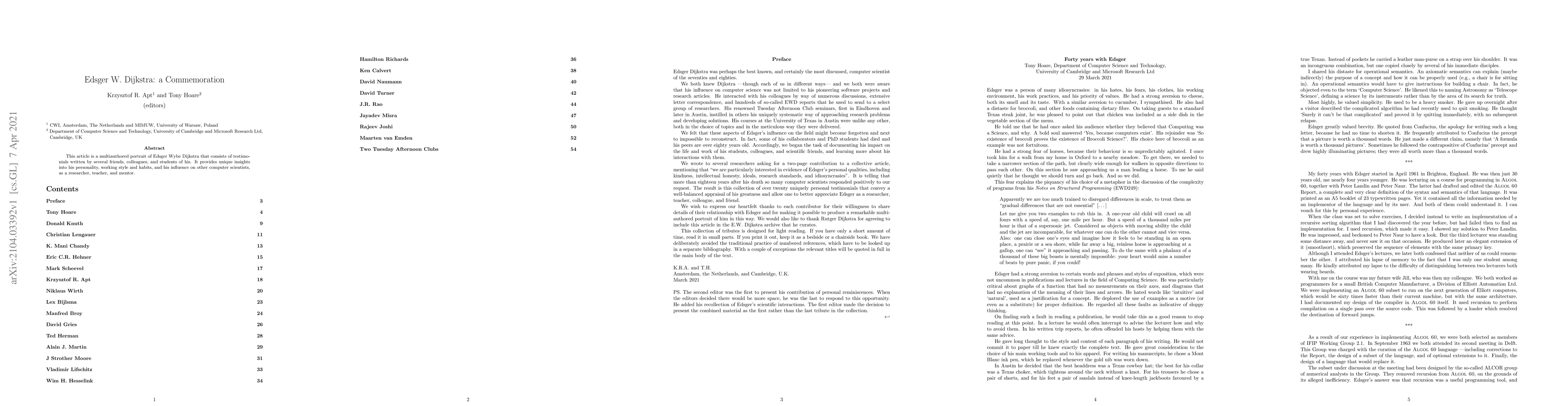 Thumbnail for Edsger W. Dijkstra: a Commemoration