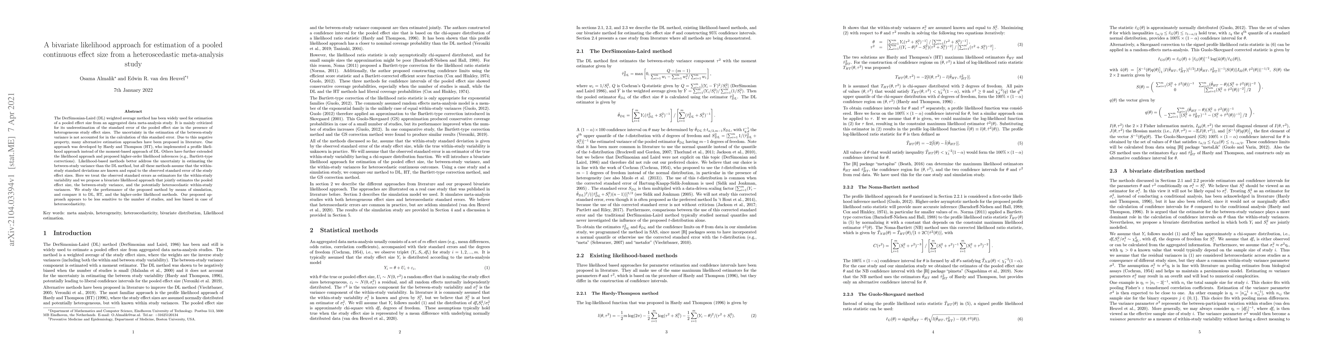 Thumbnail for A bivariate likelihood approach for estimation of a pooled continuous
  effect size from a heteroscedastic meta-analysis study