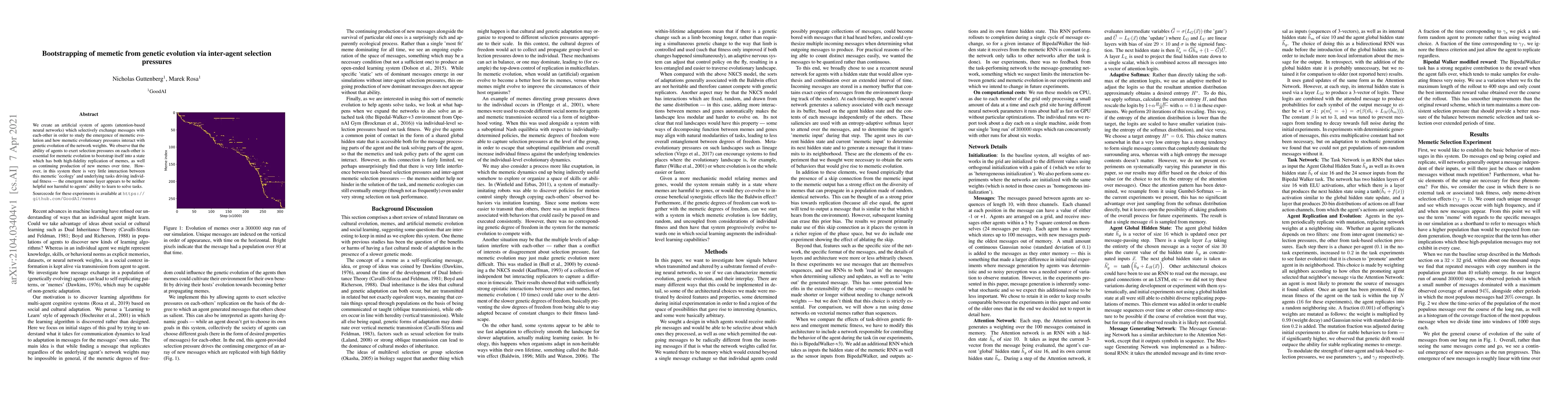 Thumbnail for Bootstrapping of memetic from genetic evolution via inter-agent
  selection pressures