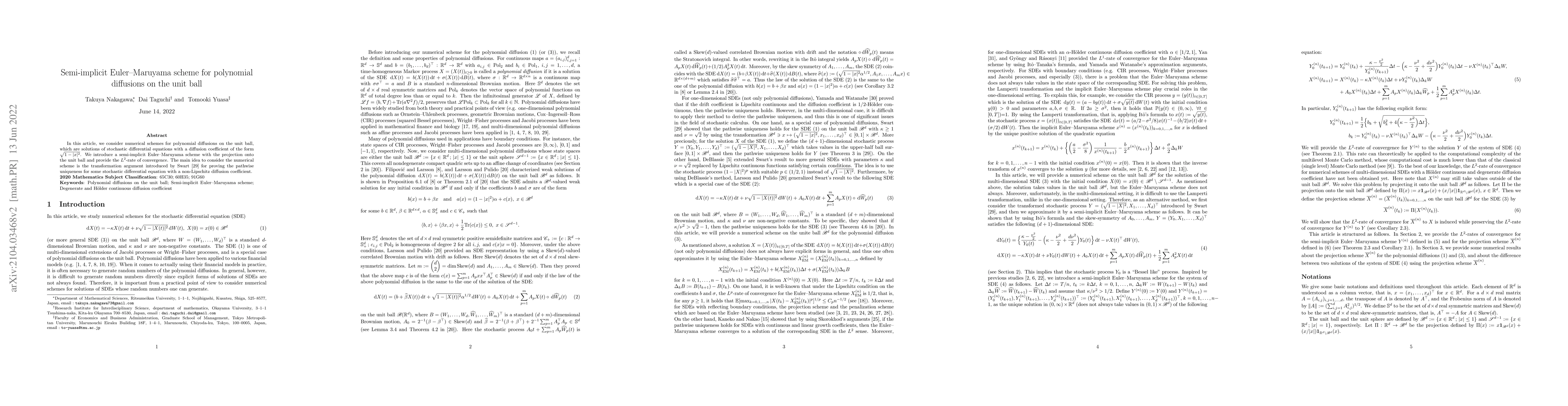 Thumbnail for Semi-implicit Euler--Maruyama scheme for polynomial diffusions on the
  unit ball