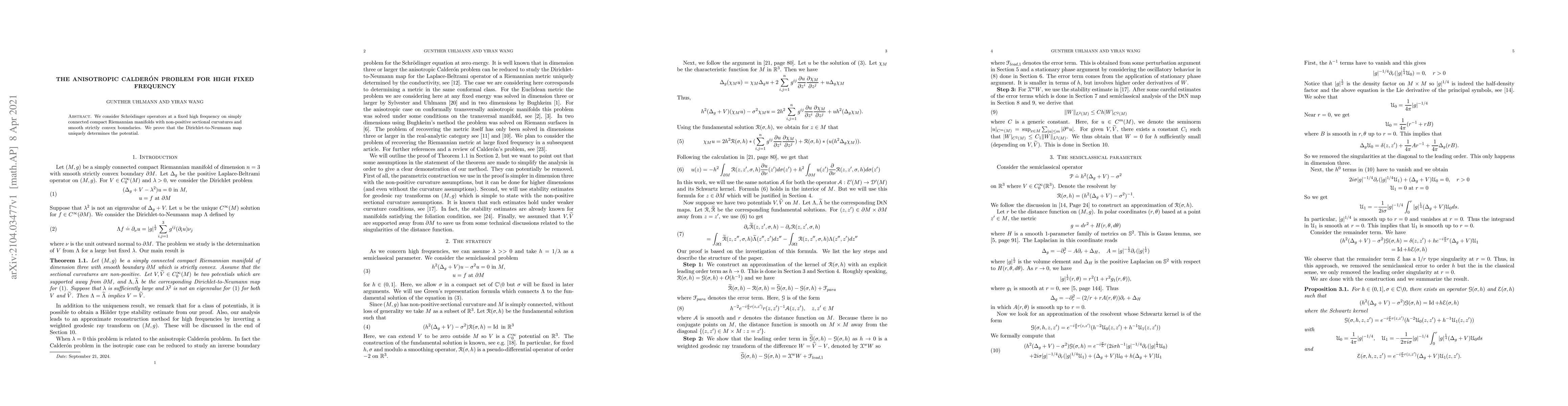 Thumbnail for The anisotropic Calder\'on problem for high fixed frequency