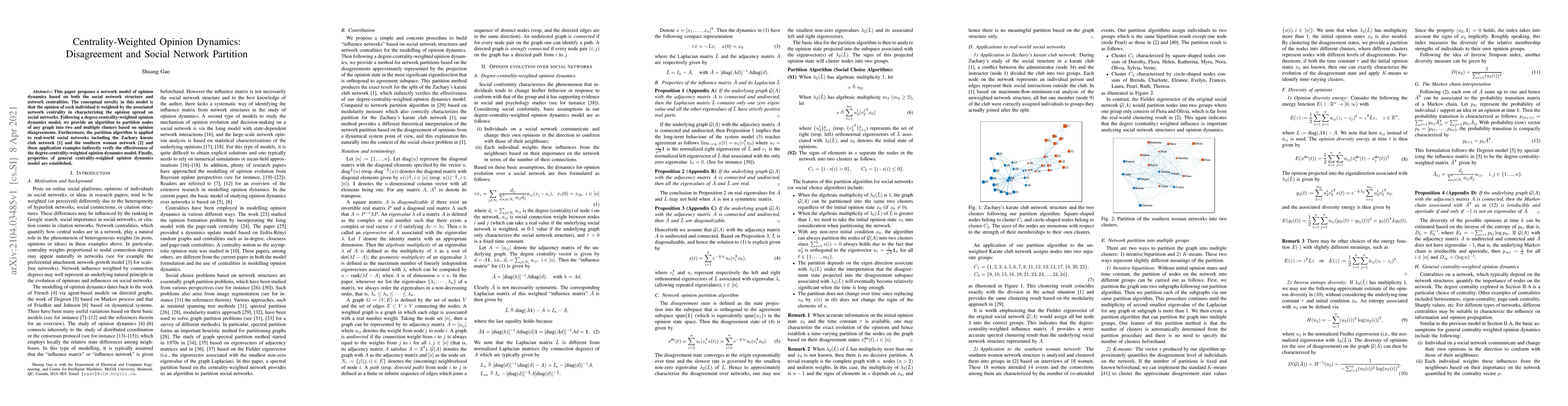 Thumbnail for Centrality-Weighted Opinion Dynamics: Disagreement and Social Network
  Partition