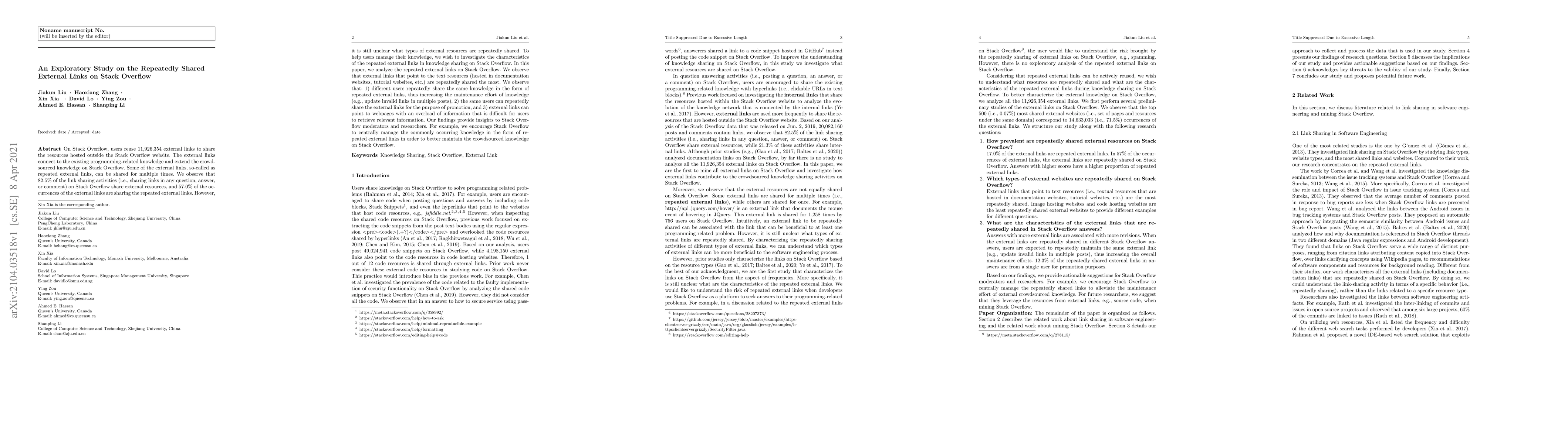 Thumbnail for An Exploratory Study on the Repeatedly Shared External Links on Stack
  Overflow