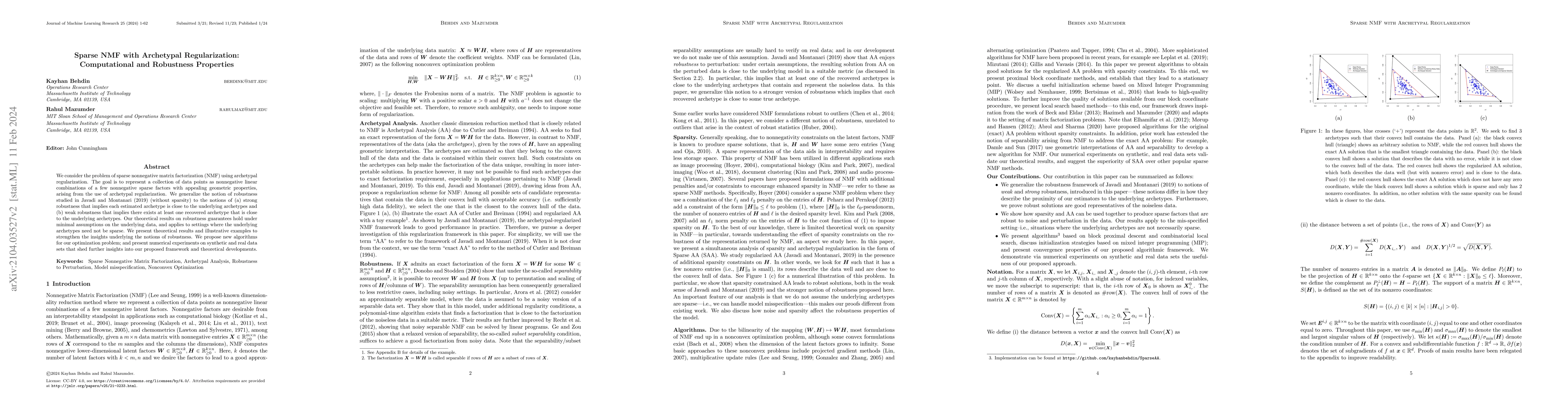 Thumbnail for Sparse NMF with Archetypal Regularization: Computational and Robustness
  Properties