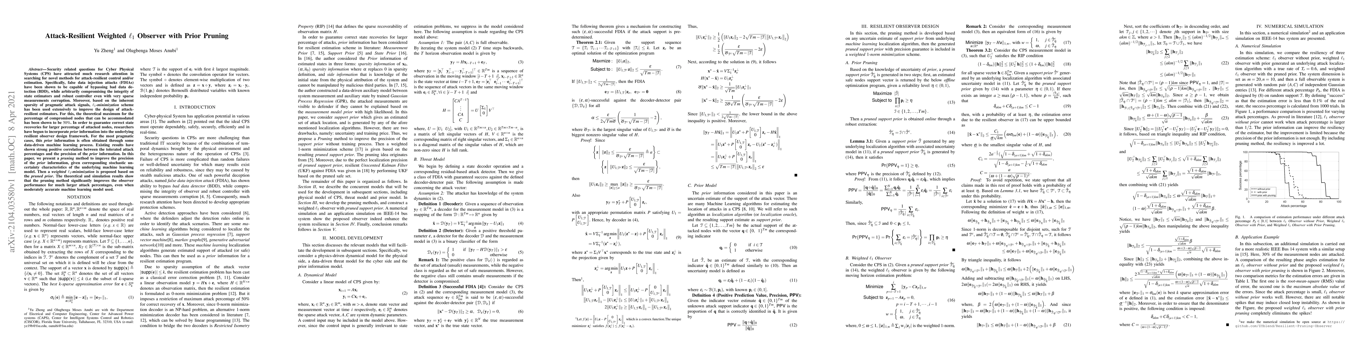 Thumbnail for Attack-Resilient Weighted $\ell_1$ Observer with Prior Pruning