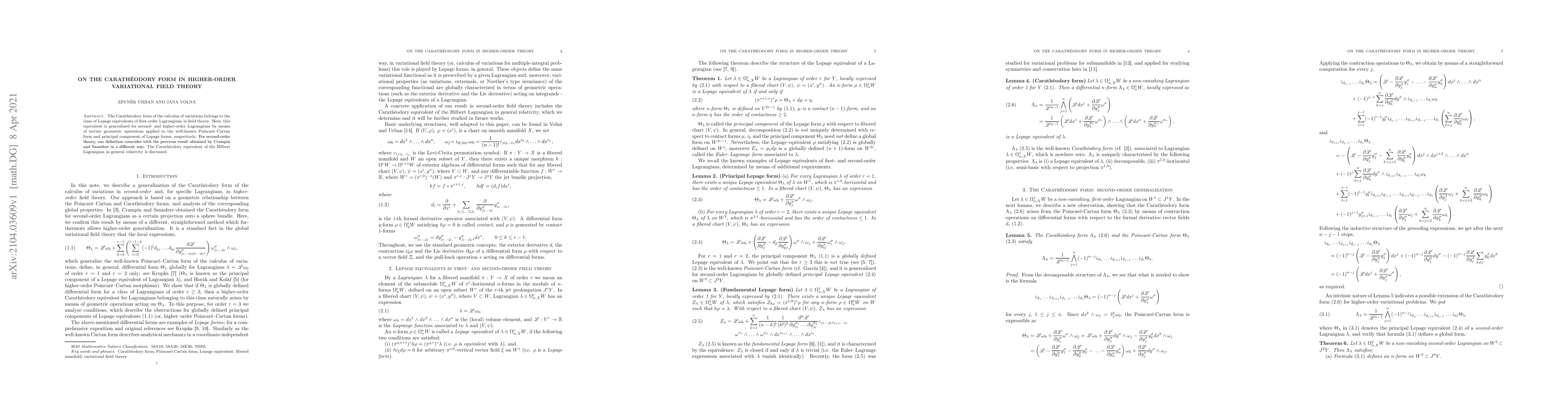 Thumbnail for On the Carath\'eodory form in higher-order variational field theory