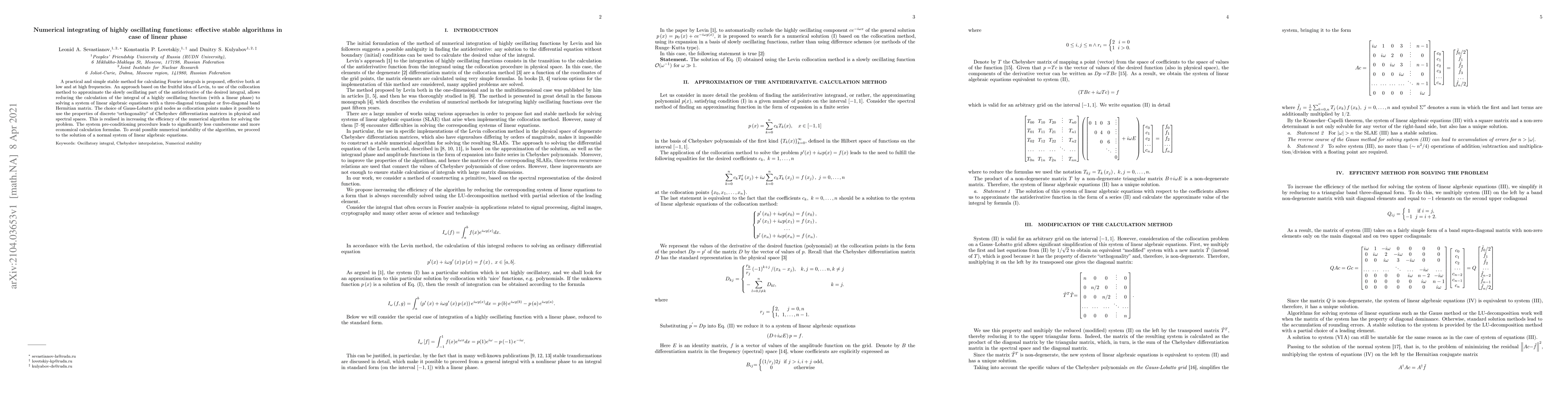 Thumbnail for Numerical integrating of highly oscillating functions: effective stable
  algorithms in case of linear phase