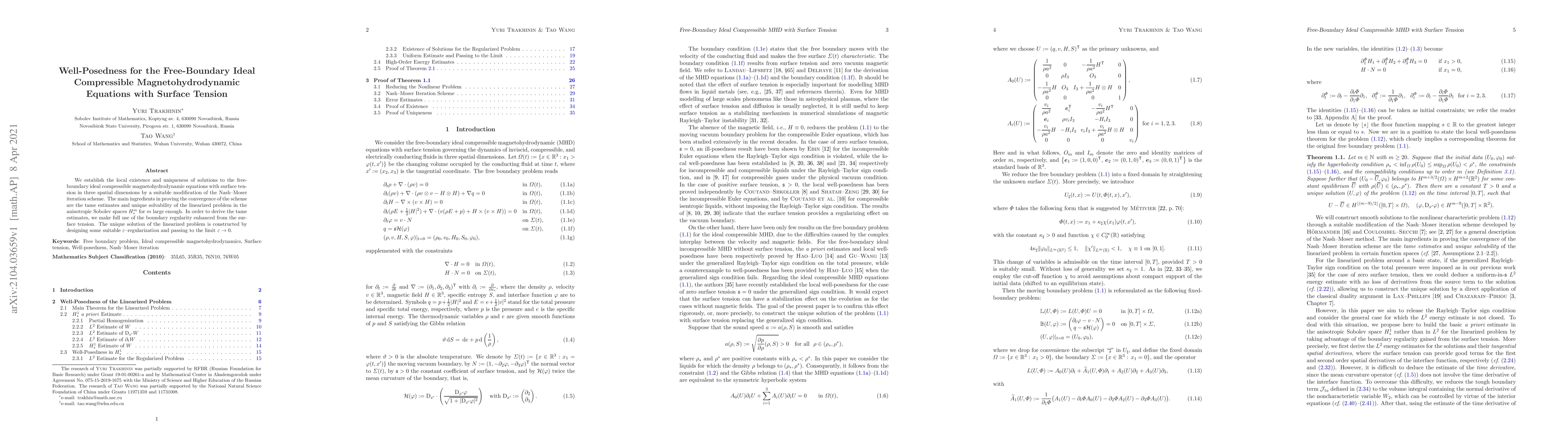 Thumbnail for Well-Posedness for the Free-Boundary Ideal Compressible
  Magnetohydrodynamic Equations with Surface Tension