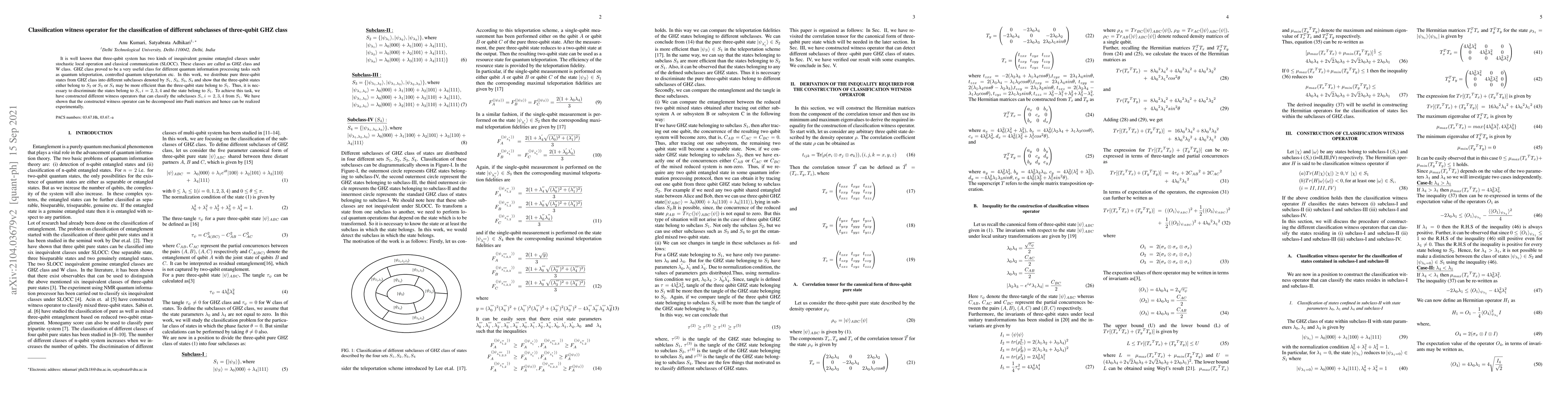 Thumbnail for Classification witness operator for the classification of different
  subclasses of three-qubit GHZ class