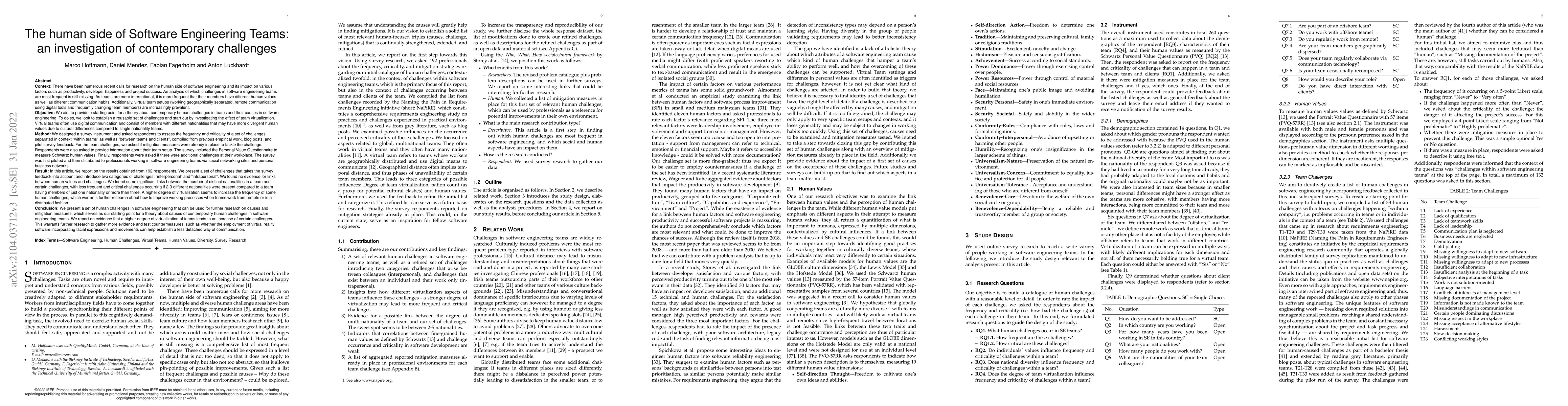 Thumbnail for The human side of Software Engineering Teams: an investigation of
  contemporary challenges