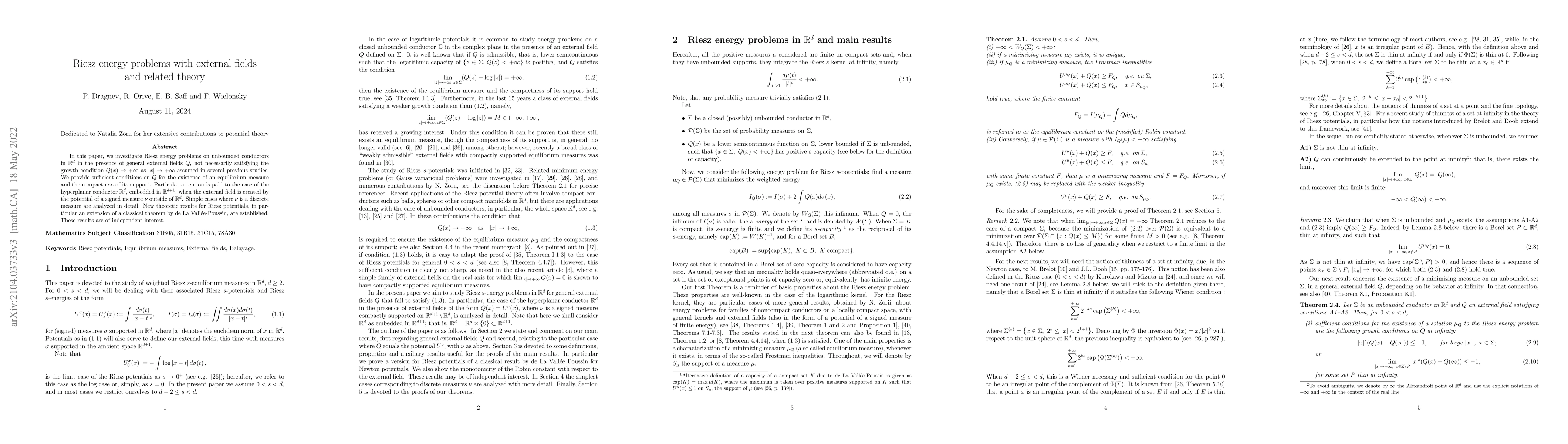 Thumbnail for Riesz energy problems with external fields and related theory