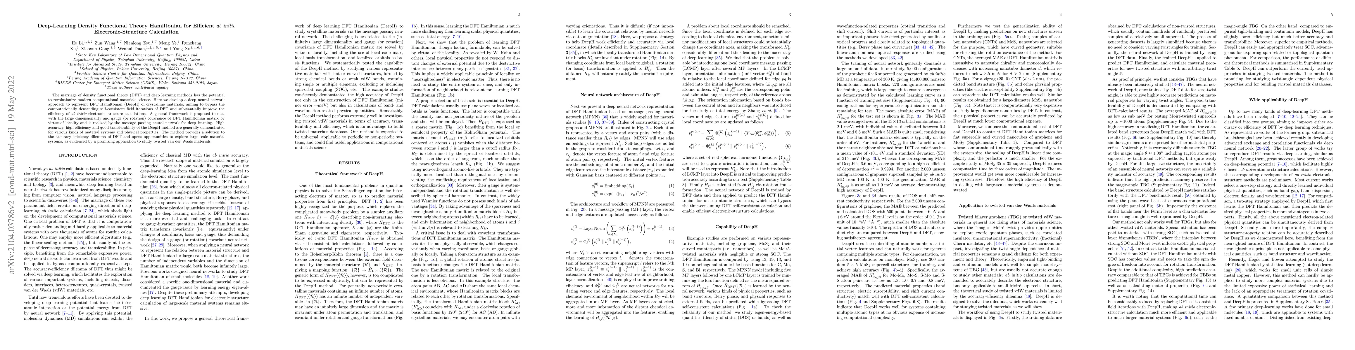 Thumbnail for Deep-Learning Density Functional Theory Hamiltonian for Efficient ab
  initio Electronic-Structure Calculation