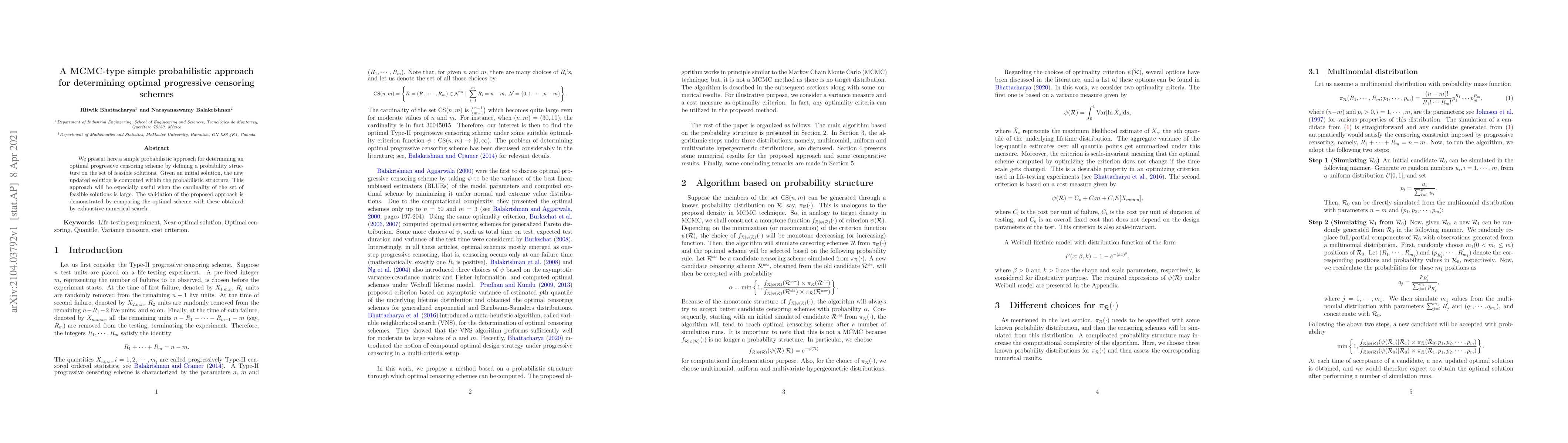 Thumbnail for A MCMC-type simple probabilistic approach for determining optimal
  progressive censoring schemes