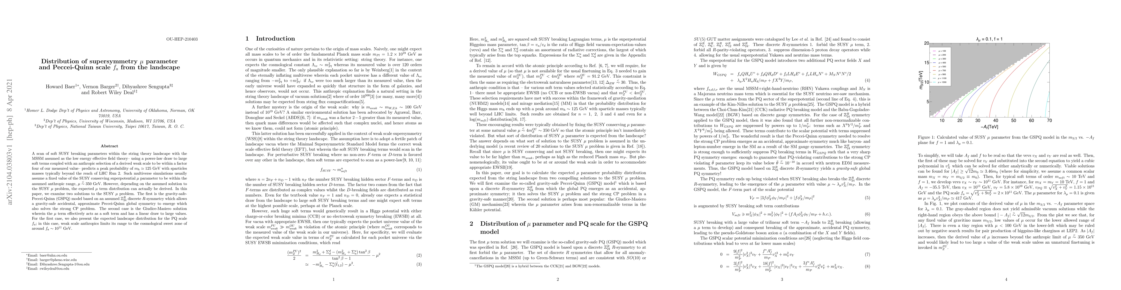 Thumbnail for Distribution of supersymmetry mu parameter and Peccei-Quinn scale f_a
  from the landscape