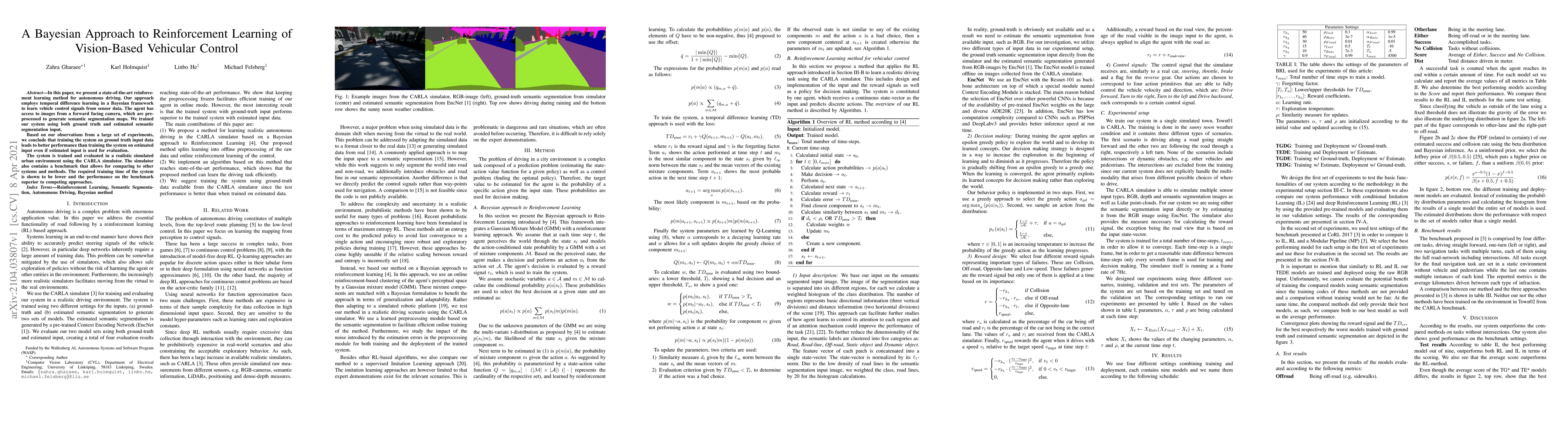 Thumbnail for A Bayesian Approach to Reinforcement Learning of Vision-Based Vehicular
  Control