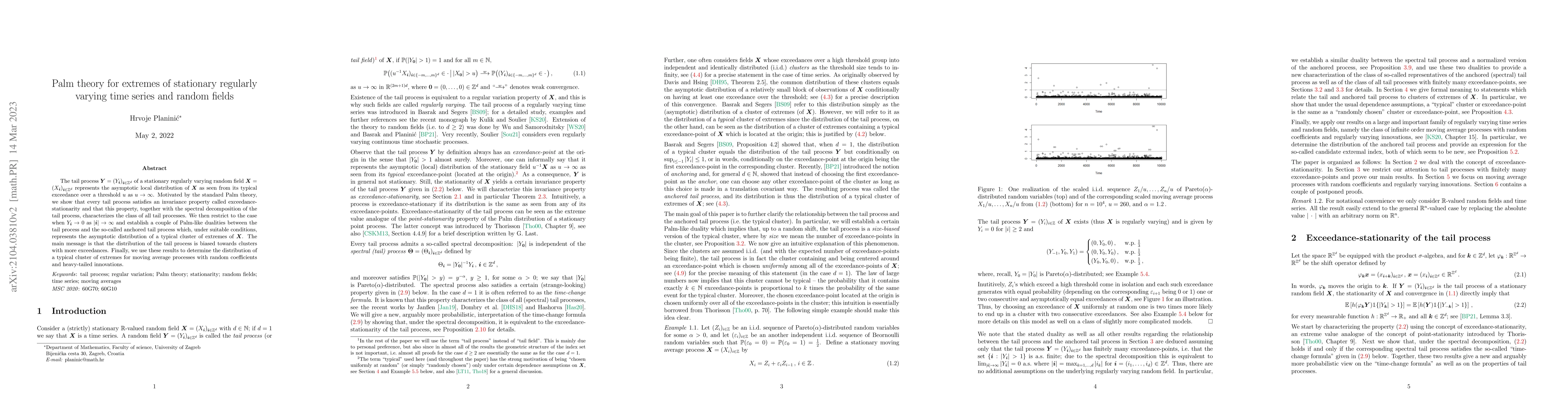 Thumbnail for Palm theory for extremes of stationary regularly varying time series and
  random fields