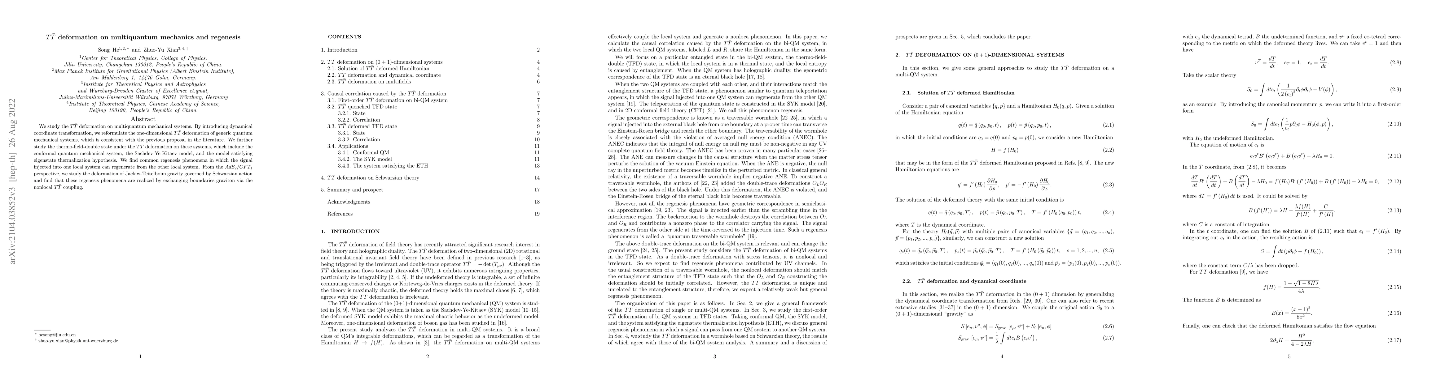 Thumbnail for $T\bar T$ deformation on multiquantum mechanics and regenesis