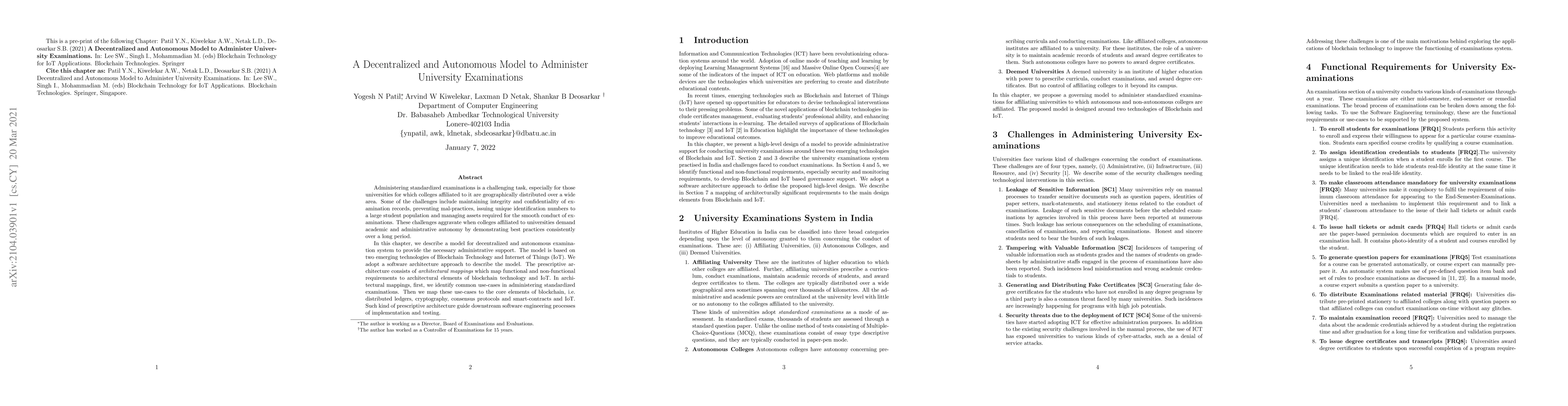 Thumbnail for A Decentralized and Autonomous Model to Administer University
  Examinations