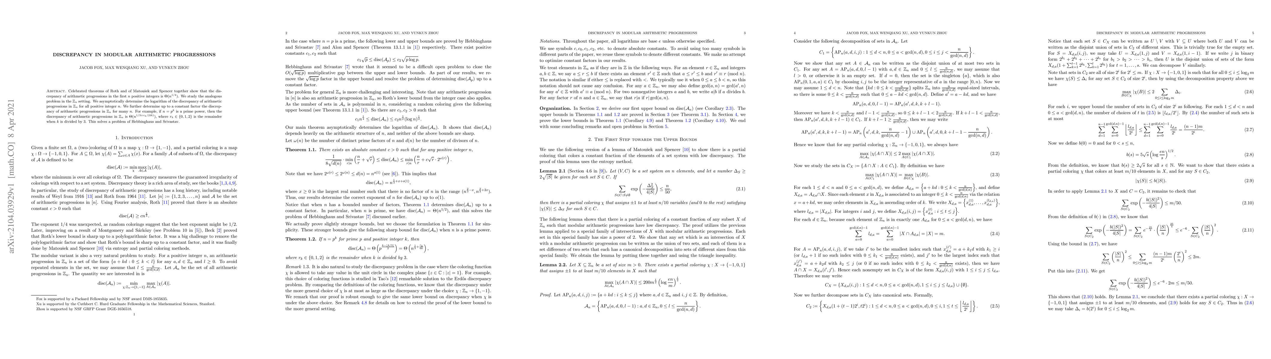 Thumbnail for Discrepancy in modular arithmetic progressions