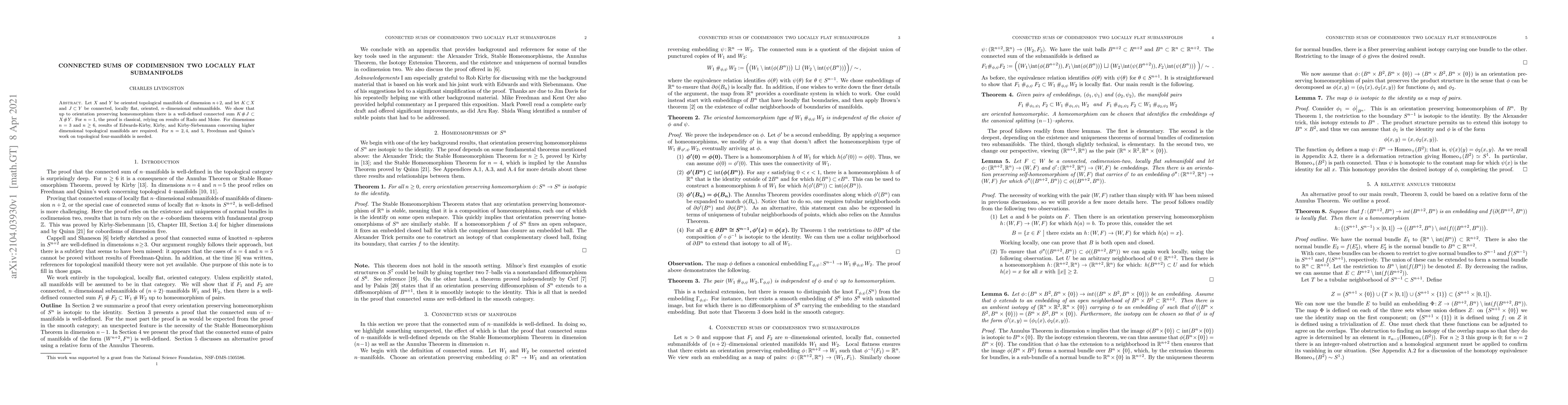 Thumbnail for Connected sums of codimension two locally flat submanifolds