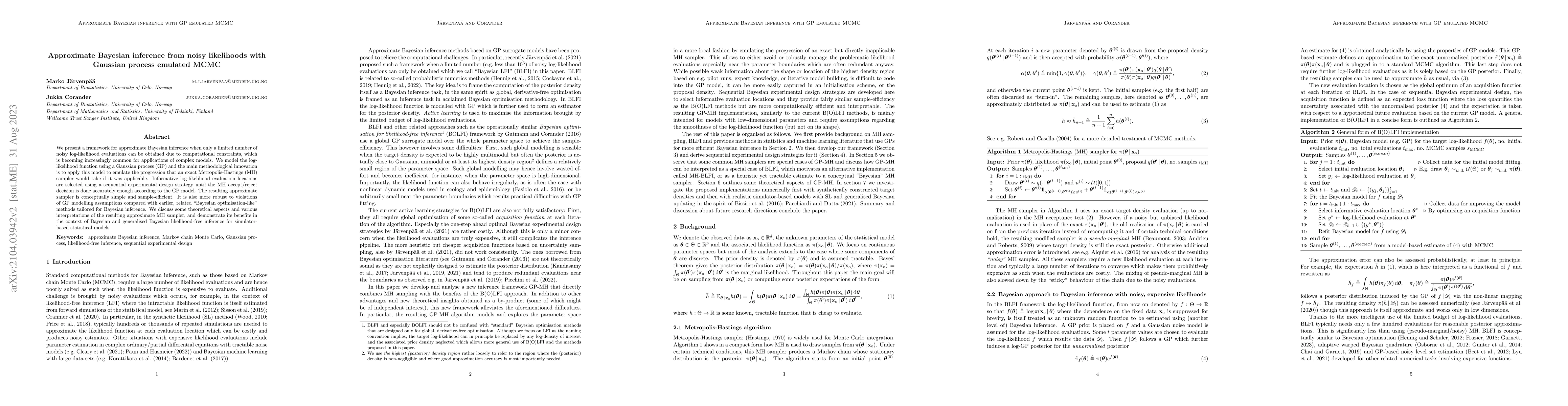 Thumbnail for Approximate Bayesian inference from noisy likelihoods with Gaussian
  process emulated MCMC