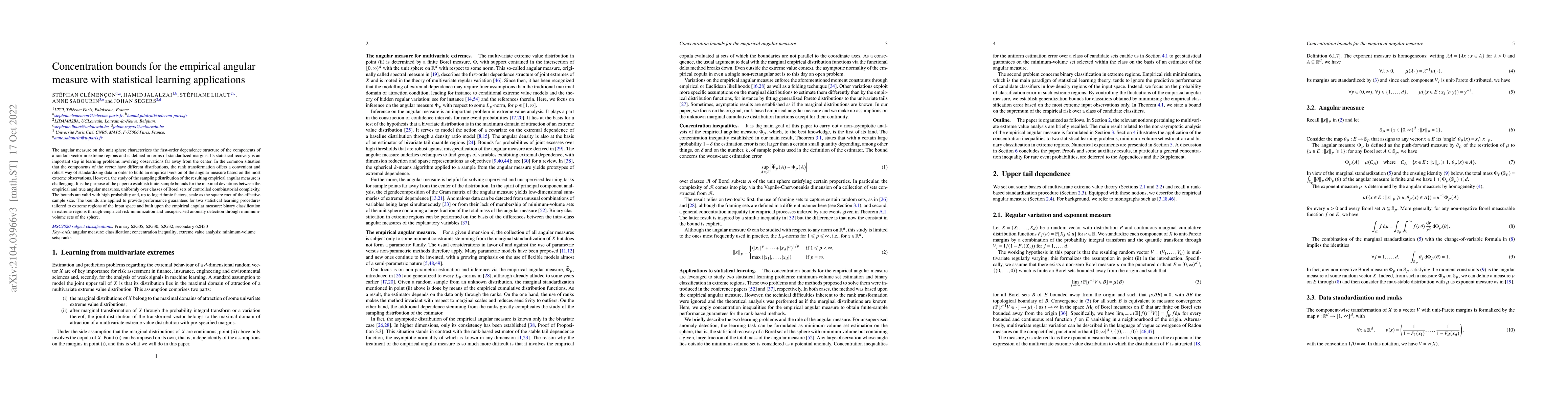 Thumbnail for Concentration bounds for the empirical angular measure with statistical
  learning applications