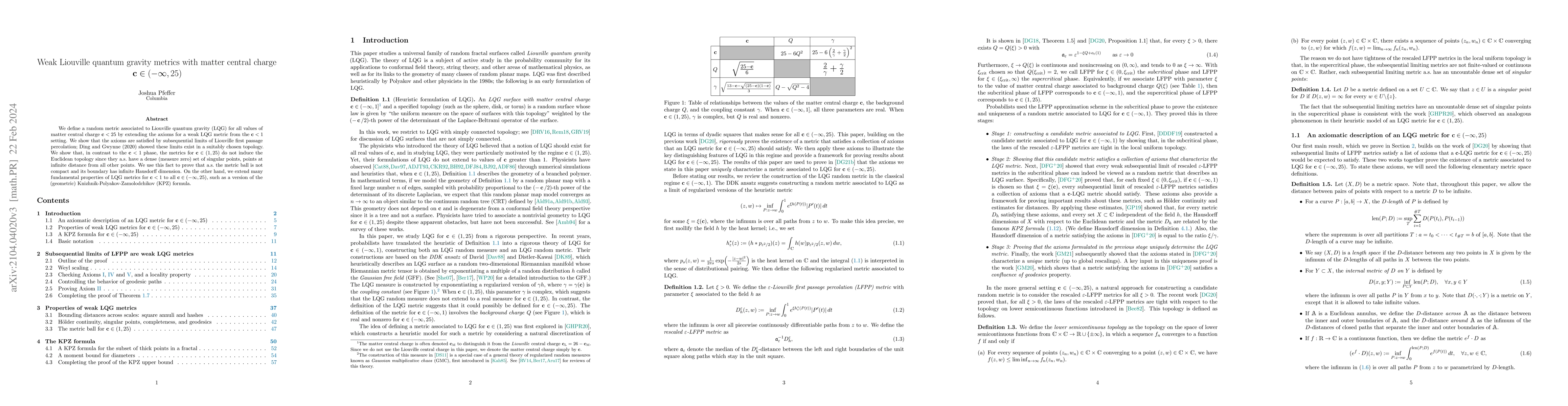Thumbnail for Weak Liouville quantum gravity metrics with matter central charge
  $\mathbf{c} \in (-\infty, 25)$