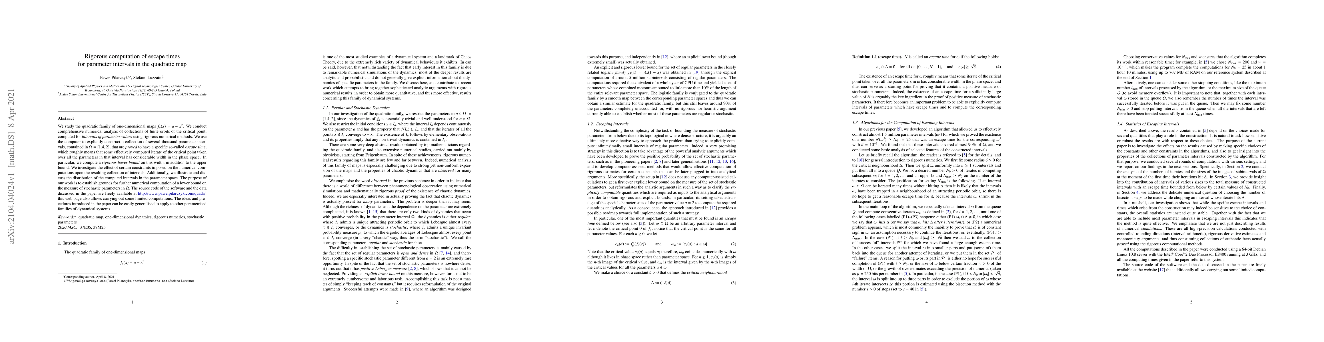 Thumbnail for Rigorous computation of escape times for parameter intervals in the
  quadratic map