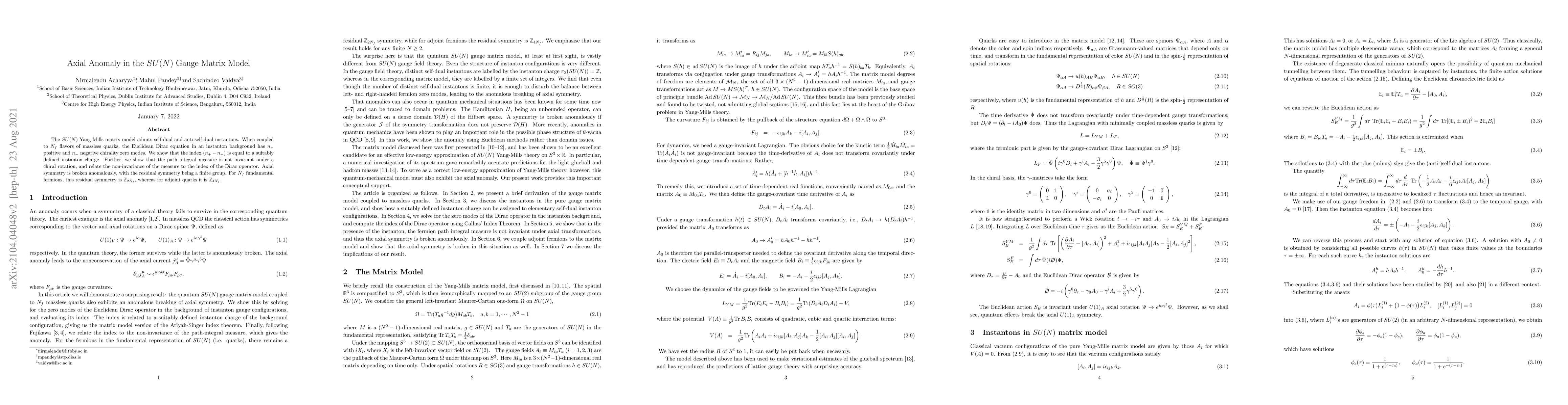 Thumbnail for Axial Anomaly in the $SU(N)$ Gauge Matrix Model