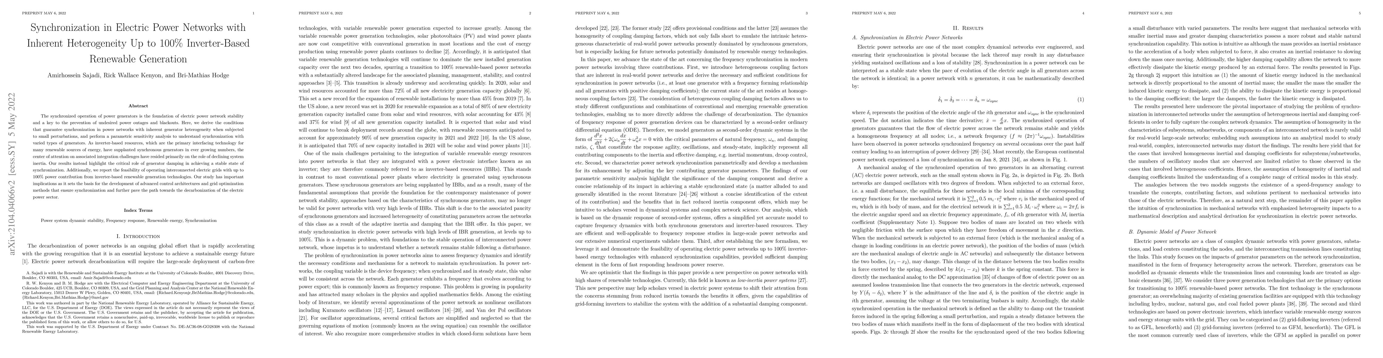 Thumbnail for Synchronization in Electric Power Networks with Inherent Heterogeneity
  Up to 100% Inverter-Based Renewable Generation