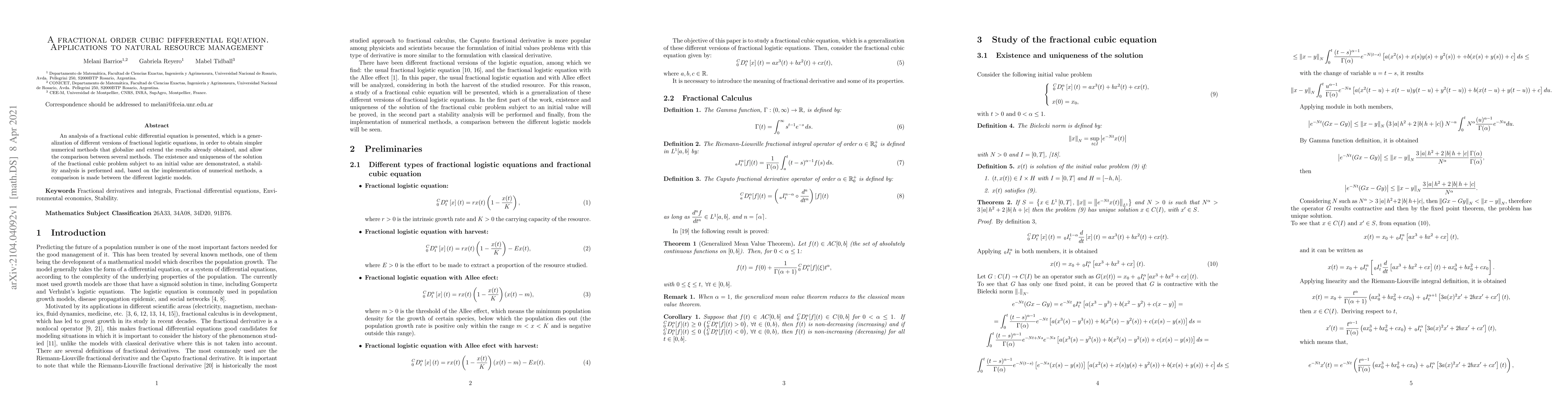 Thumbnail for A fractional order cubic differential equation. Applications to natural
  resource management