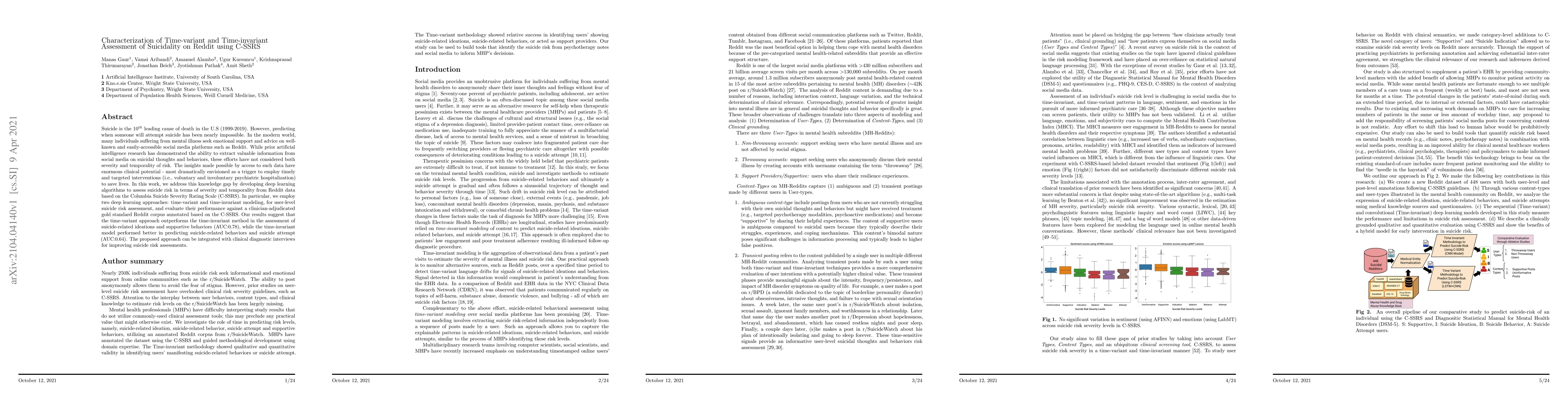 Thumbnail for Characterization of Time-variant and Time-invariant Assessment of
  Suicidality on Reddit using C-SSRS