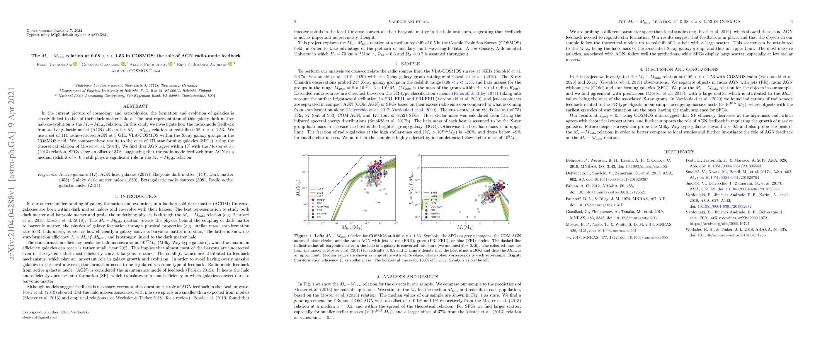 Thumbnail for The M*-Mhalo relation at 0.08 < z < 1.53 in COSMOS: the role of AGN
  radio-mode feedback
