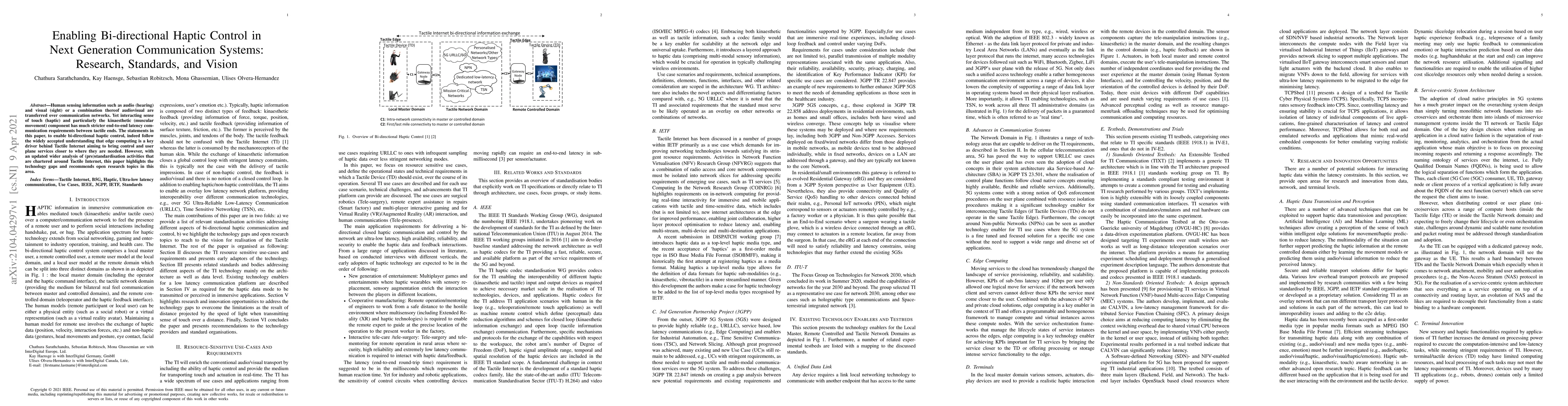 Thumbnail for Enabling Bi-directional Haptic Control in Next Generation Communication
  Systems: Research, Standards, and Vision
