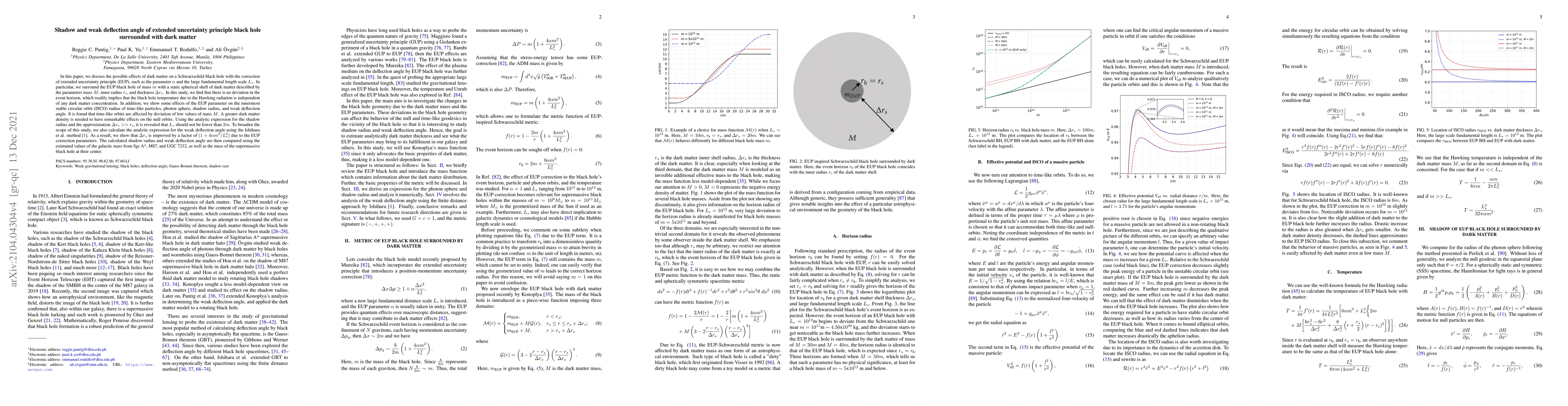 Thumbnail for Shadow and weak deflection angle of extended uncertainty principle black
  hole surrounded with dark matter